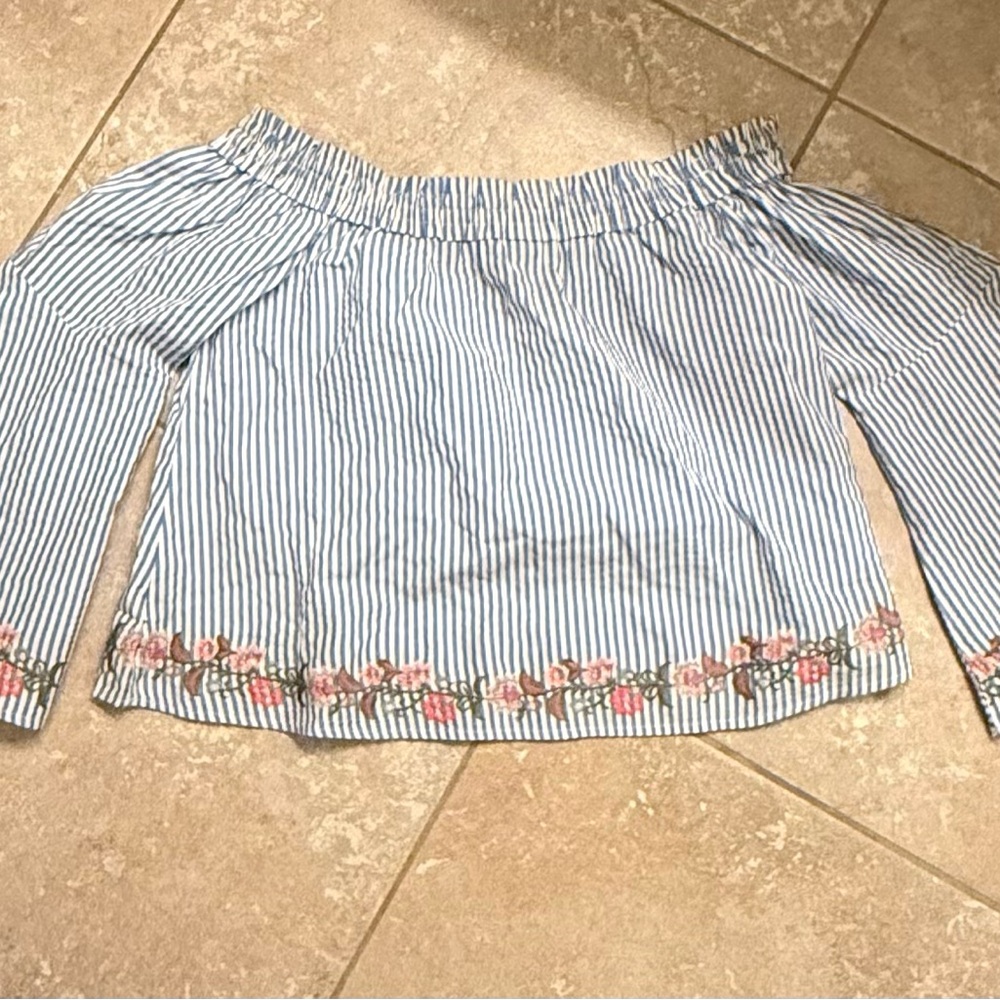 Striped Off-Shoulder Top with Floral Embroidery